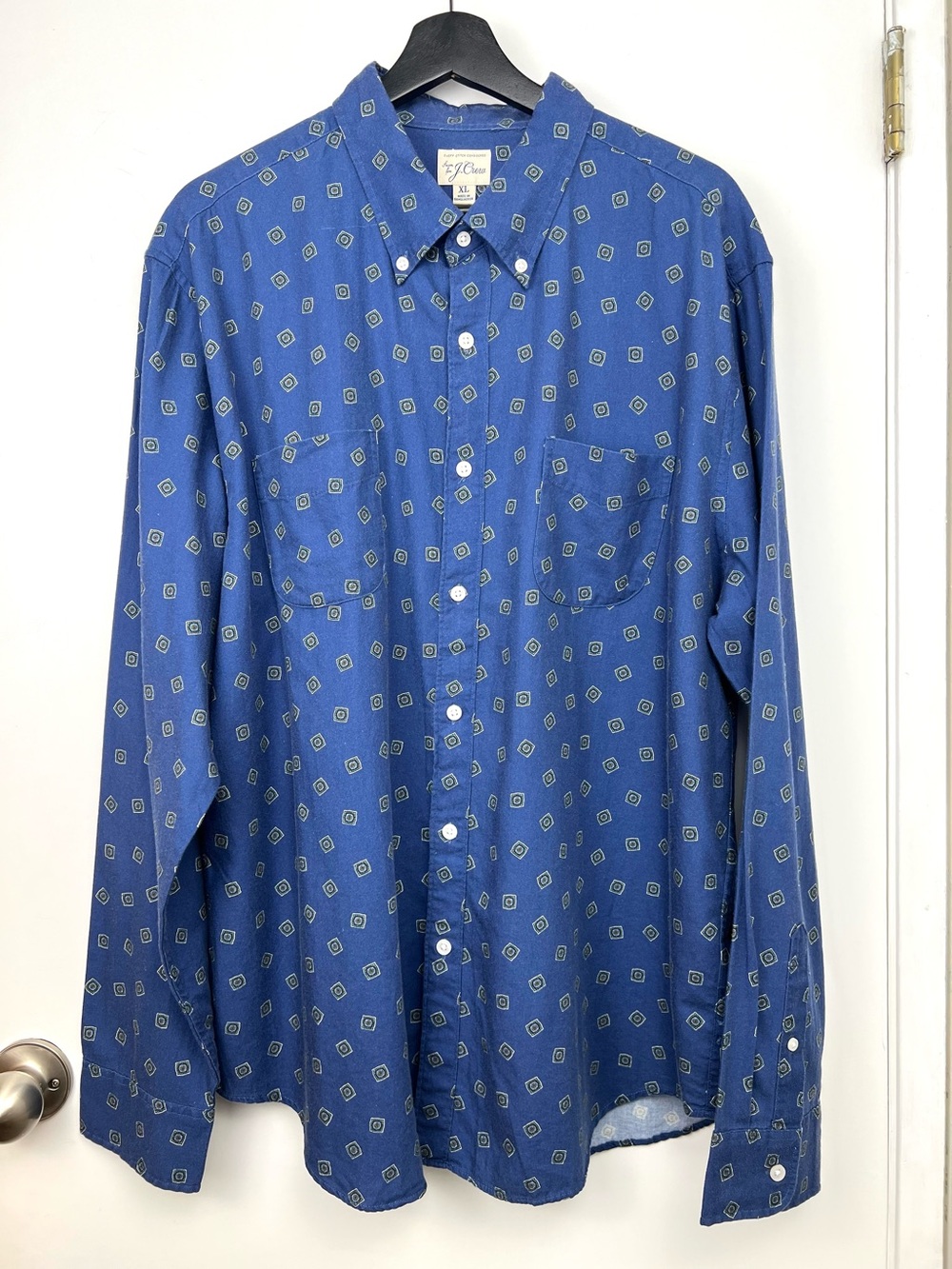 J. Crew Every Stitch Considered Patterned Soft Cotton/Wool Shirt size XL Blue